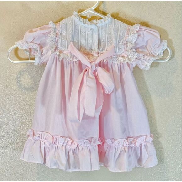 Vintage Yellow Bird 80's Pastel Pink & White Lace Collar Trim Dress 24 Months - Picture 3 of 9